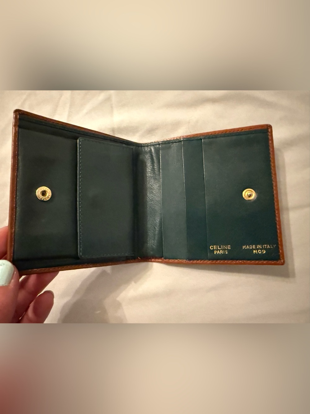 Celine Dark Green Leather Wallet with Tan Trim